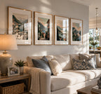 Italian Mediterranean Coastal printable poster collection displayed as four framed wall art prints above a comfortable sofa in a modern Florida family home featuring coastal-inspired interior design, elegant home decor, warm sunlight and luxury gallery wall styling.