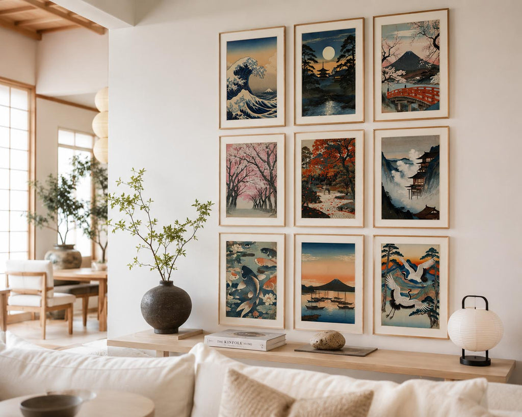 Luxury Japandi interior featuring the complete Vintage Traditional Japanese Vertical Set of 9 iArt Tech Studio arranged in a symmetrical gallery wall on a crisp white feature wall. Traditional Japanese printable art is displayed in natural oak frames with soft sunlight, minimalist furniture, shoji-inspired architecture and Scandinavian styling, creating elegant Japanese home décor inspiration for living rooms, modern apartments and serene interior design.