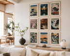 Luxury Japandi interior featuring the complete Vintage Traditional Japanese Vertical Set of 9 iArt Tech Studio arranged in a symmetrical gallery wall on a crisp white feature wall. Traditional Japanese printable art is displayed in natural oak frames with soft sunlight, minimalist furniture, shoji-inspired architecture and Scandinavian styling, creating elegant Japanese home décor inspiration for living rooms, modern apartments and serene interior design.