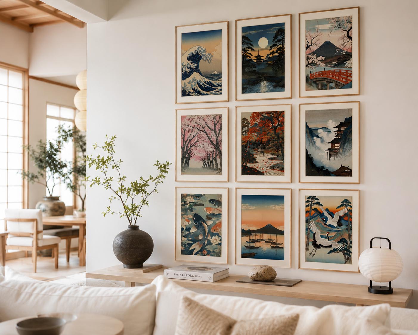 Luxury Japandi interior featuring the complete Vintage Traditional Japanese Vertical Set of 9 iArt Tech Studio arranged in a symmetrical gallery wall on a crisp white feature wall. Traditional Japanese printable art is displayed in natural oak frames with soft sunlight, minimalist furniture, shoji-inspired architecture and Scandinavian styling, creating elegant Japanese home décor inspiration for living rooms, modern apartments and serene interior design.