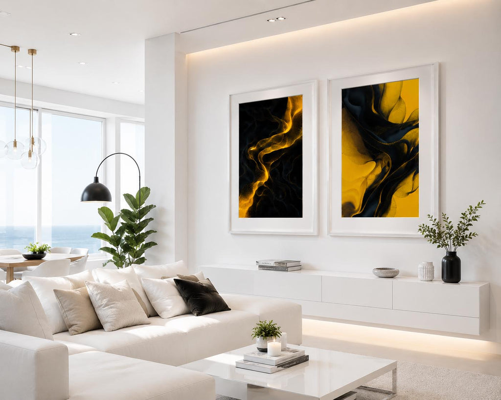 Bright Sunny Yellow and Black Modern Abstract Triptych Printable Wall Art Set of 3 | Vibrant 3 Piece Black and Yellow Gallery Wall Triptych Prints Bundle for Bold Living Room Accent Walls Instant Download