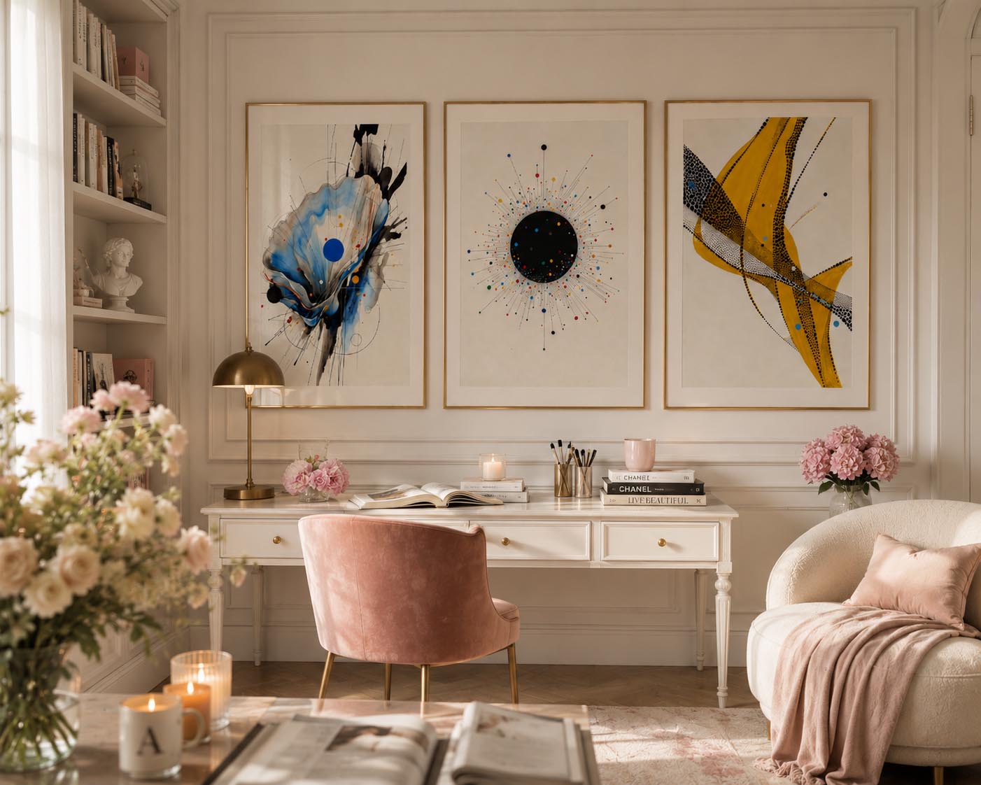 Soft feminine reading room featuring elegant watercolor abstract wall art with expressive blue, black and golden yellow accents displayed above a refined writing desk. The oversized contemporary triptych is framed in luxurious brushed gold wood with wide white matting, surrounded by blush velvet seating, fresh flowers, curated books, candles and classic architectural moldings, creating an inspiring luxury study filled with warm natural light.