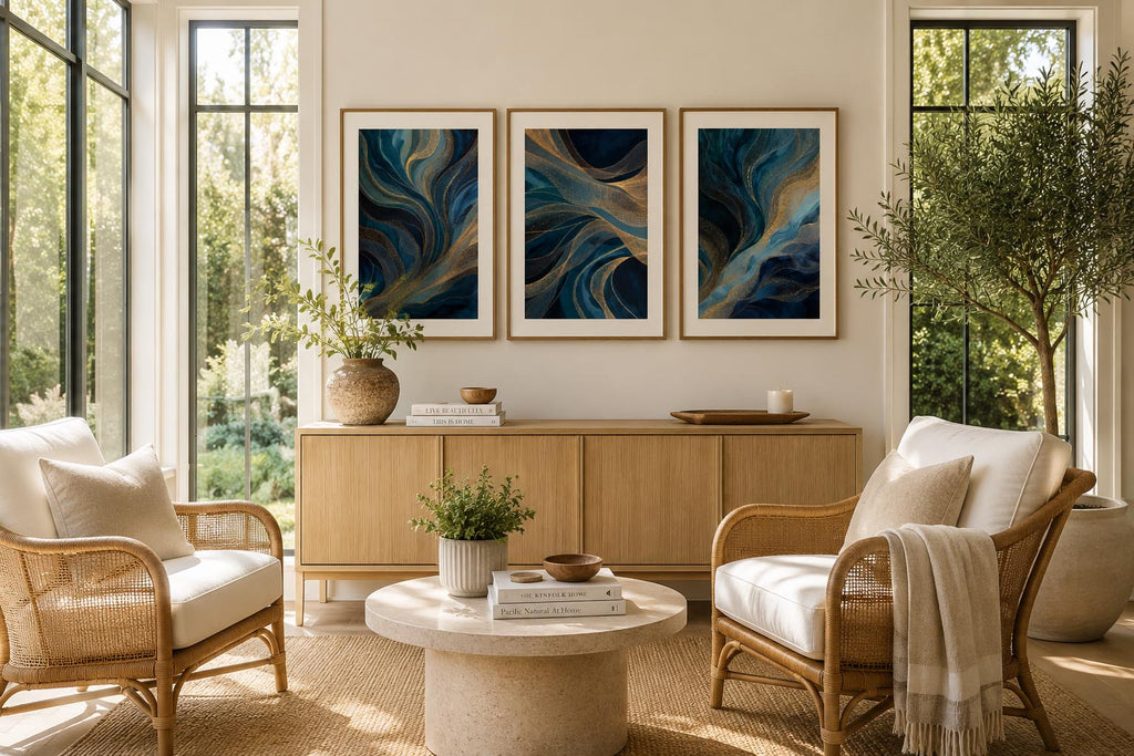 Blue Gold Modern Abstract Triptych Printable Wall Art Set of 3 displayed in elegant 3:4 proportion wood frames with refined white matting above a minimalist oak sideboard inside a luxury sunroom. Blue and gold abstract gallery wall prints complement rattan seating, travertine coffee table, indoor olive tree, woven rug, and floor-to-ceiling windows overlooking landscaped gardens. Printable instant download home décor.