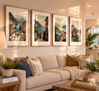 Italian Mediterranean Coastal artwork printable collection showcased as four framed canvas prints in a stylish American living room with warm golden hour lighting, modern furniture, decorative accents, luxury wall decor and contemporary gallery wall inspiration.