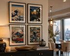 Close-up of Vintage Traditional Japanese Vertical Set of 9 iArt Tech Studio showcased as four framed Japanese wall art prints above a modern sideboard between an elegant American living room and dining area. Beautiful glass reflections, warm ambient lighting, luxury interior styling and contemporary Japandi décor highlight the traditional Japanese printable artwork, creating premium gallery wall inspiration for upscale homes, entryways and dining spaces.