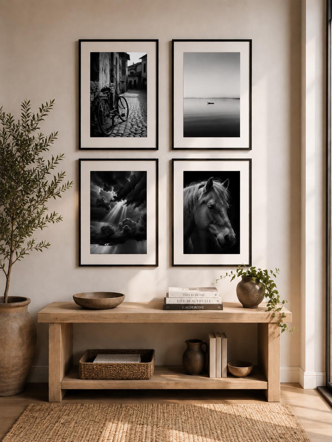 Minimalist entryway gallery wall featuring four black and white printable fine art photography prints from the Timeless Monochrome Wall Art Collection styled with modern organic home decor.