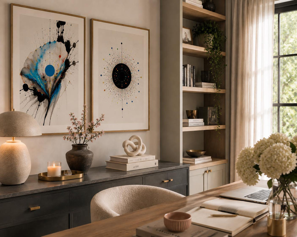 Oversized contemporary watercolor abstract prints beautifully displayed in a custom American home office with floor-to-ceiling built-in cabinetry and warm neutral finishes. The blue, black and golden abstract artwork is framed in premium oak wood with wide white mat boards, while soft afternoon sunlight creates elegant reflections across the glass, highlighting designer books, sculptural accessories, stone finishes and a sophisticated workspace by iArt Tech Studio.