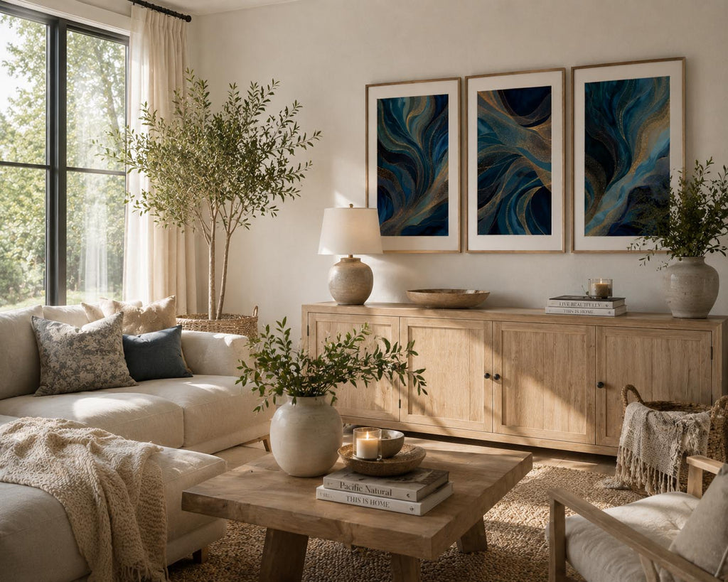 Blue Gold Modern Abstract Triptych Printable Wall Art Set of 3 featured above a light oak sideboard in a bright modern American living room. Three blue and gold abstract printable wall art panels in natural wood frames complement cream sectional sofa, oversized olive trees, woven textures, neutral décor, and large windows filled with natural sunlight. Elegant gallery wall instant download.