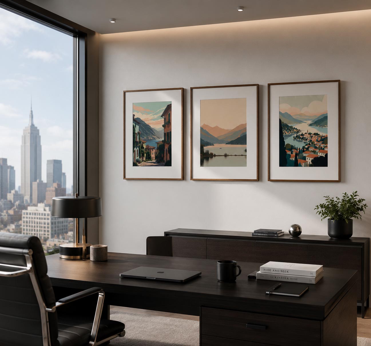 Italian Mediterranean Coastal canvas wall art set displayed as three framed printable artwork prints inside a luxury executive office with modern American interior design, premium business workspace, elegant wall decor and contemporary office styling.