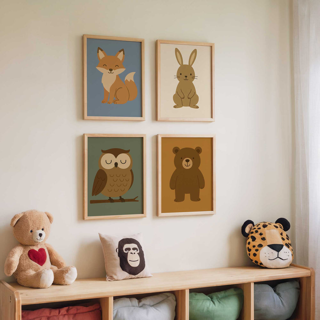 Children's room with framed animal prints and plush toys on a shelf.
