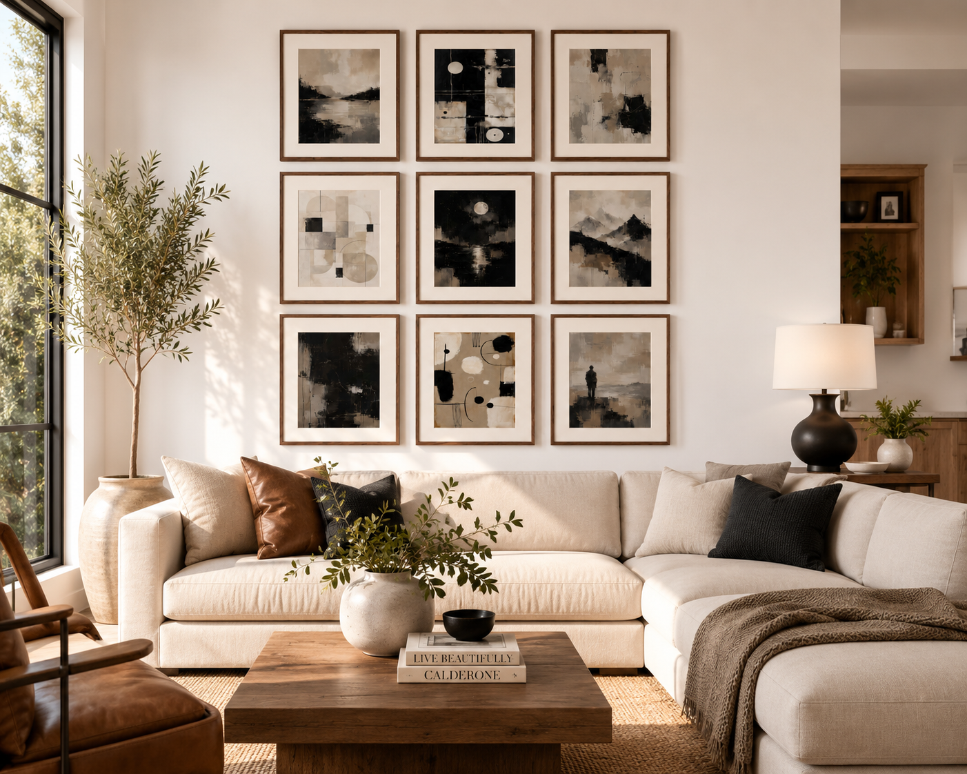 Abstract Beige Black White Neutral Printable Wall Art Kit Set of 9 | Neutral Tones Abstract Gallery Wall Bundle
