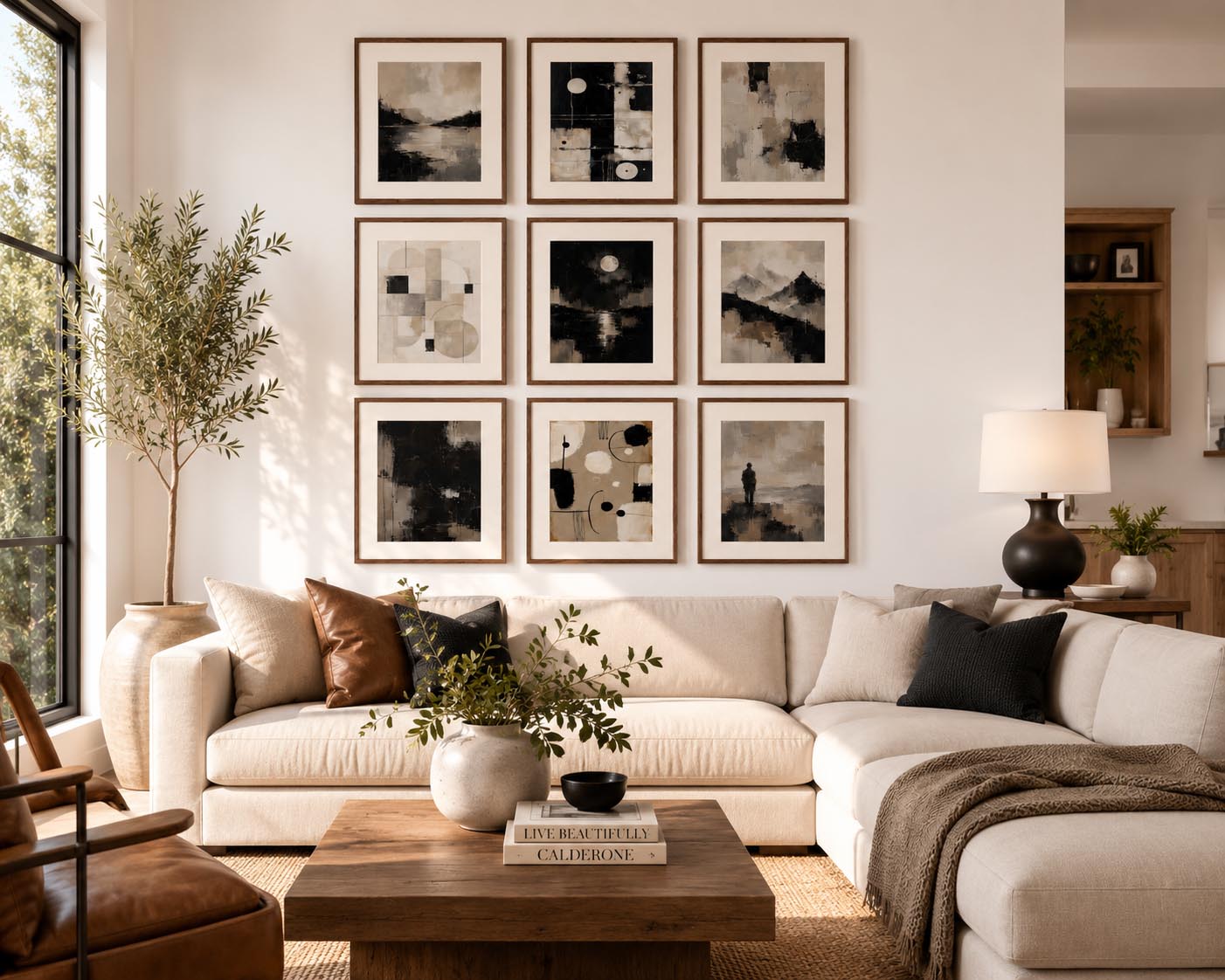 Abstract Beige Black White Neutral Printable Wall Art Kit Set of 9 displayed in a bright modern American open-concept living room with warm wood accents, cream sectional sofa, and elegant kitchen. This Neutral Tones Abstract Gallery Wall Bundle creates a sophisticated minimalist focal point, perfect for contemporary home decor, Scandinavian interiors, printable wall art, modern apartment decorating, and instant digital download artwork.