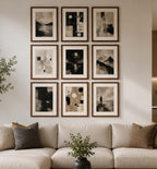 Abstract Beige Black White Neutral Printable Wall Art Kit Set of 9 displayed in a bright modern American open-concept living room with warm wood accents, cream sectional sofa, and elegant kitchen. This Neutral Tones Abstract Gallery Wall Bundle creates a sophisticated minimalist focal point, perfect for contemporary home decor, Scandinavian interiors, printable wall art, modern apartment decorating, and instant digital download artwork.