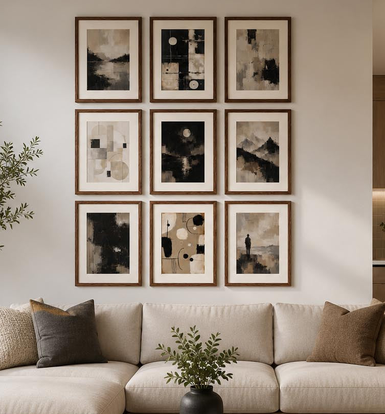 Abstract Beige Black White Neutral Printable Wall Art Kit Set of 9 displayed in a bright modern American open-concept living room with warm wood accents, cream sectional sofa, and elegant kitchen. This Neutral Tones Abstract Gallery Wall Bundle creates a sophisticated minimalist focal point, perfect for contemporary home decor, Scandinavian interiors, printable wall art, modern apartment decorating, and instant digital download artwork.