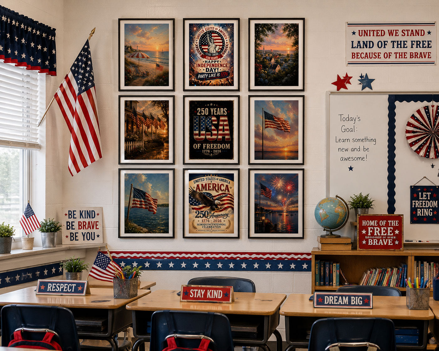 America 250th Anniversary Wall Art Kit Set of 9 | Memorial Day July 4th Patriotic Bundle | 1776-2026 Entryway Classroom Office