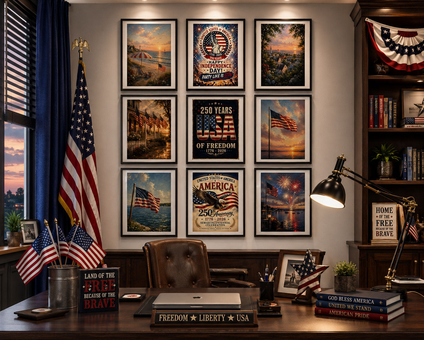 America 250th Anniversary Wall Art Kit Set of 9 | Memorial Day July 4th Patriotic Bundle | 1776-2026 Entryway Classroom Office