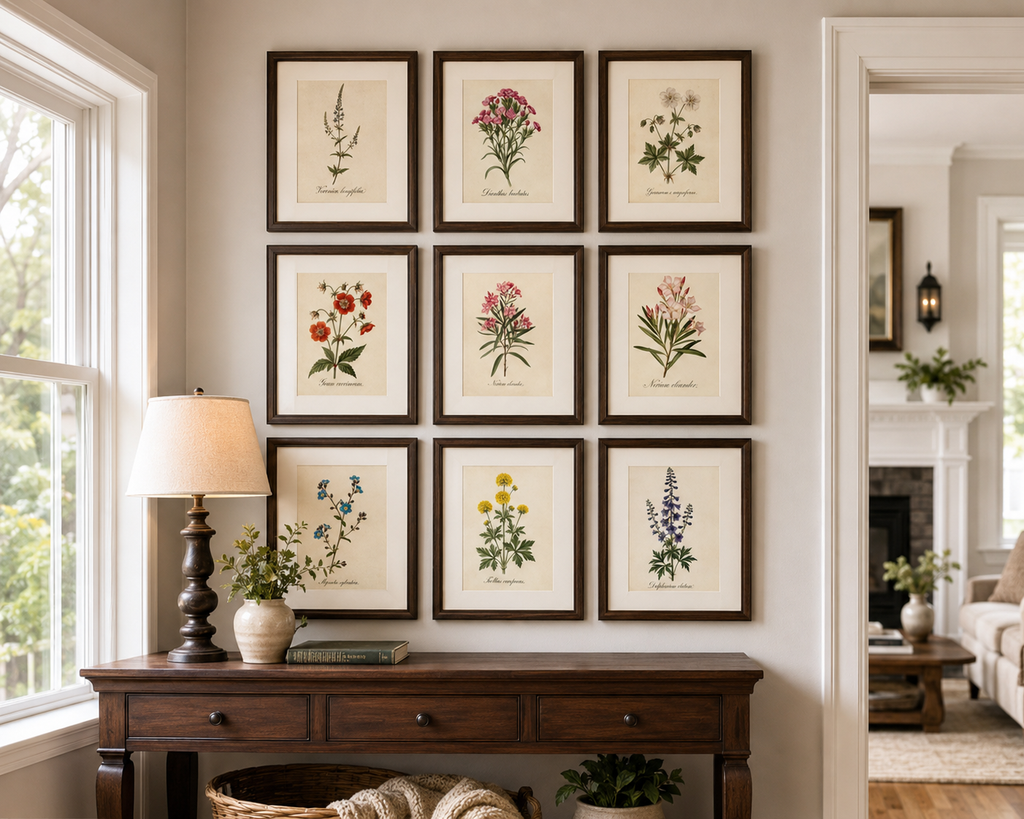 Botanical Watercolor Printable Wall Art Kit Set of 9 | Neutral Floral Herbarium Bundle