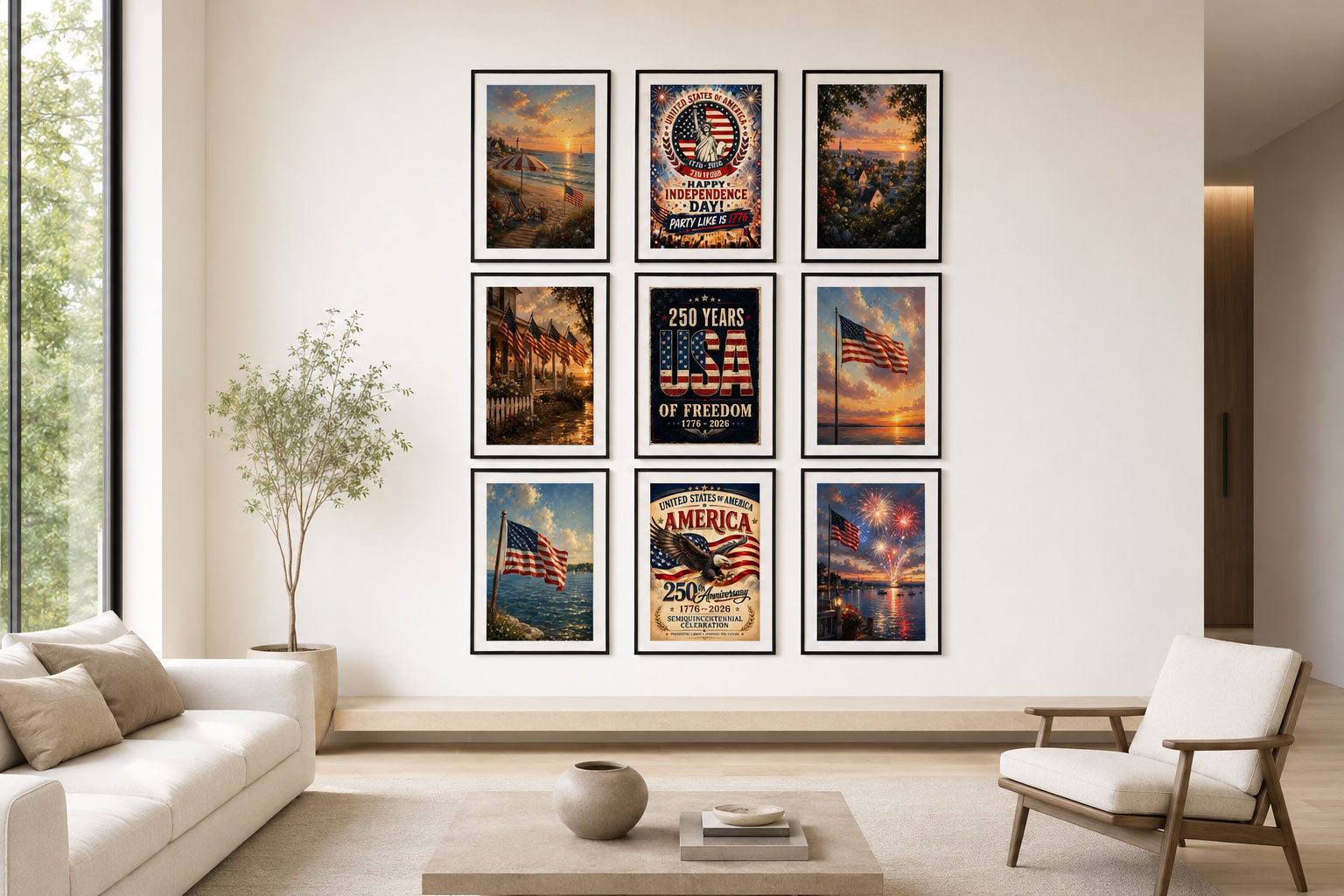 America 250th Anniversary Wall Art Kit Set of 9 | Memorial Day July 4th Patriotic Bundle | 1776-2026 Entryway Classroom Office