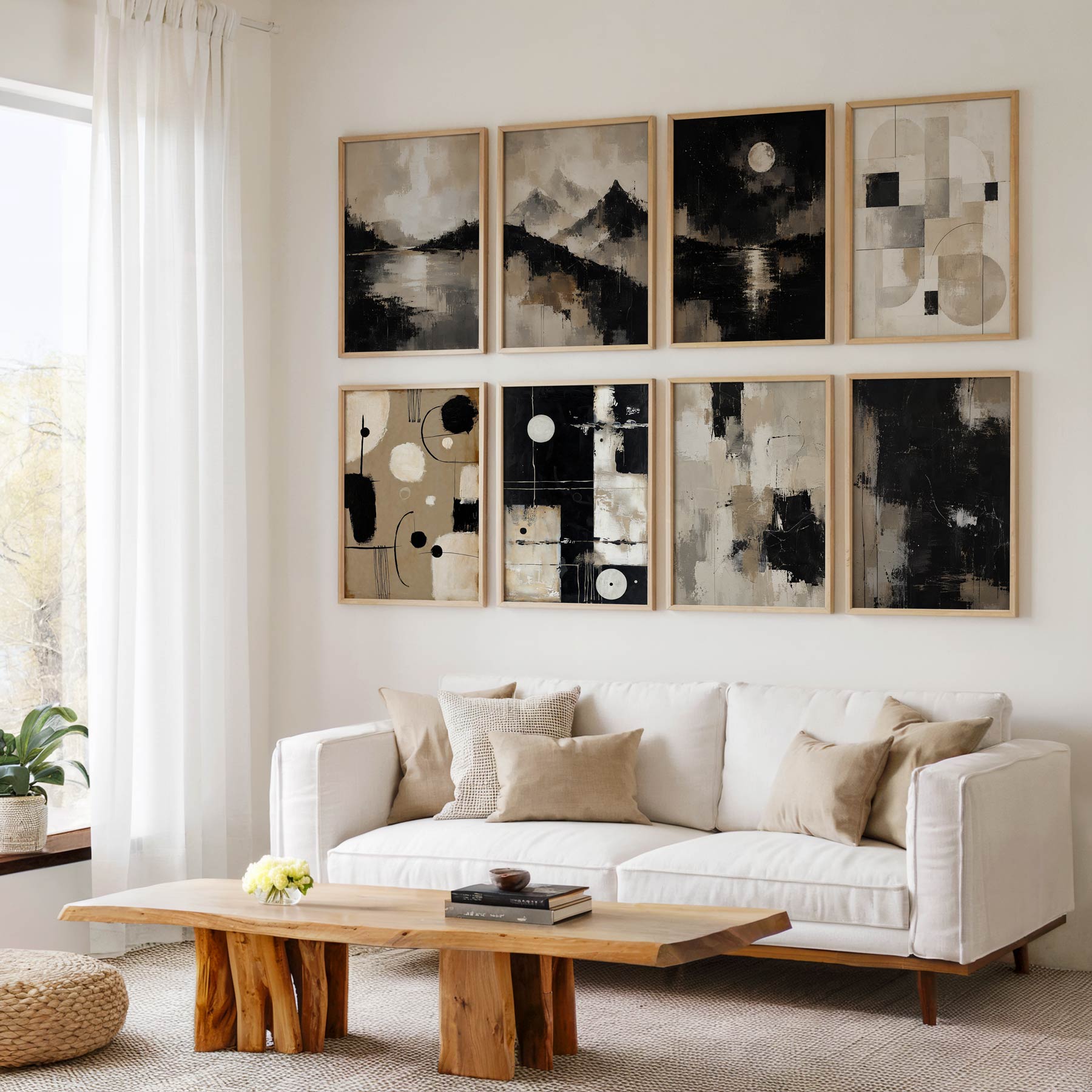 Abstract Beige Black White Neutral Printable Wall Art Kit Set of 9 | Neutral Tones Abstract Gallery Wall Bundle