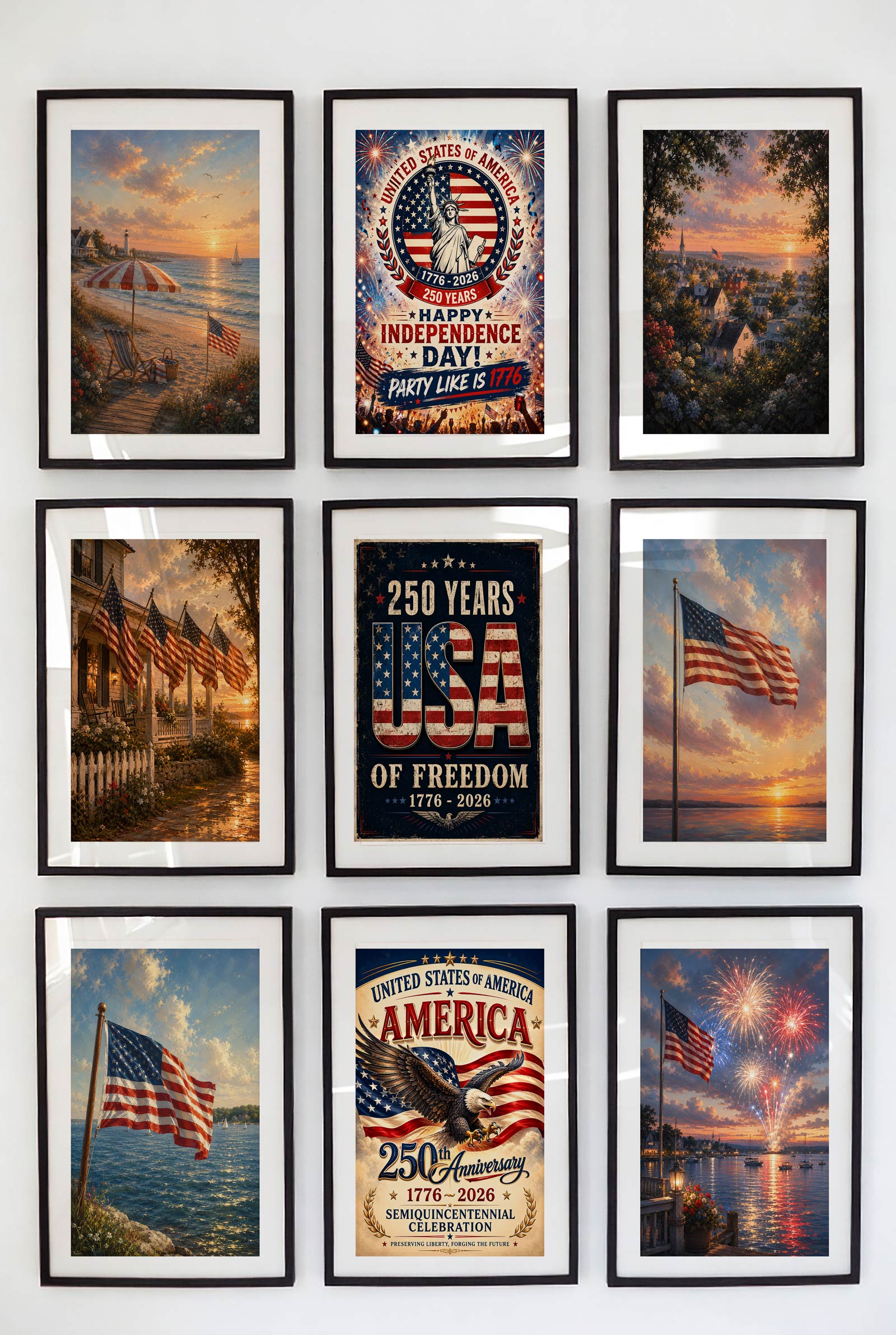 America 250th Anniversary Wall Art Kit Set of 9 | Memorial Day July 4th Patriotic Bundle | 1776-2026 Entryway Classroom Office