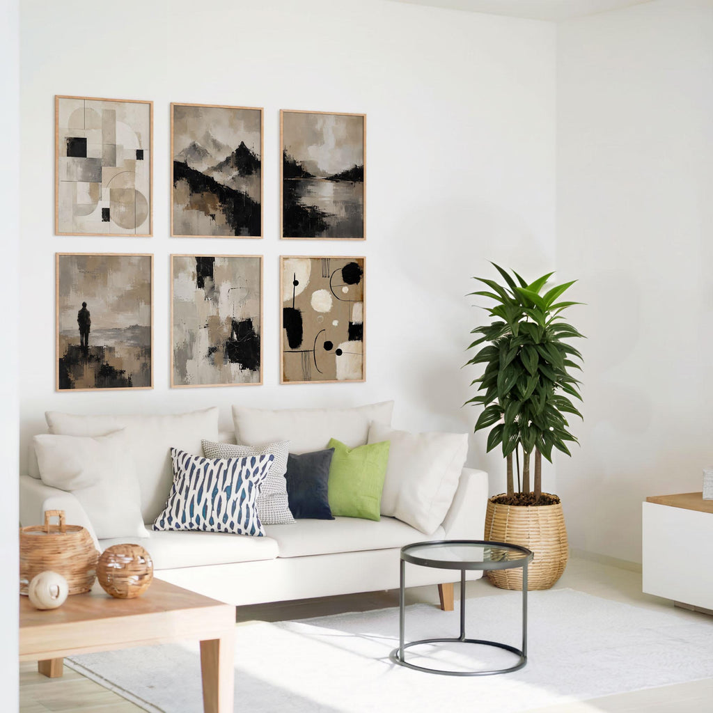 Abstract Beige Black White Neutral Printable Wall Art Kit Set of 9 showcased as a refined 3x2 grid gallery wall featuring 6 coordinating abstract prints in a bright white modern living room. Clean architectural lines, warm oak frames, and soft natural daylight highlight the authentic beige, ivory, black, and charcoal palette, creating a timeless focal point above contemporary furnishings. This Neutral Tones Abstract Gallery Wall Bundle is perfect for modern home decor, minimalist living room wall art, Scand