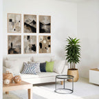 Abstract Beige Black White Neutral Printable Wall Art Kit Set of 9 showcased as a refined 3x2 grid gallery wall featuring 6 coordinating abstract prints in a bright white modern living room. Clean architectural lines, warm oak frames, and soft natural daylight highlight the authentic beige, ivory, black, and charcoal palette, creating a timeless focal point above contemporary furnishings. This Neutral Tones Abstract Gallery Wall Bundle is perfect for modern home decor, minimalist living room wall art, Scand