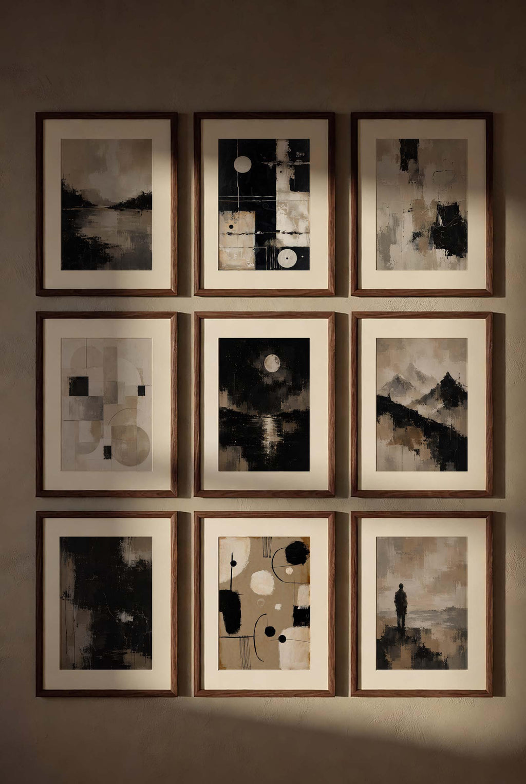 Abstract Beige Black White Neutral Printable Wall Art Kit Set of 9 beautifully displayed as a complete 3x3 gallery wall in warm golden hour light. Rich walnut wood frames and crisp white mats enhance the authentic beige, ivory, black, and charcoal tones of this Neutral Tones Abstract Gallery Wall Bundle, while soft sunlight creates elegant reflections and long shadows across the wall. Perfect for modern living room decor, luxury apartment interiors, minimalist home styling, Scandinavian and Japandi design, 