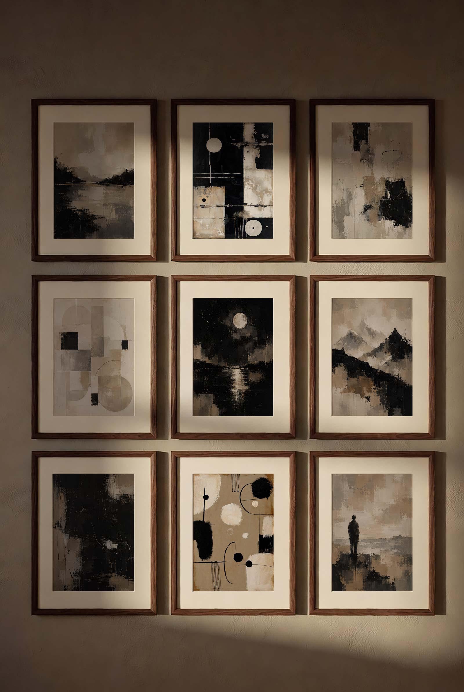 Abstract Beige Black White Neutral Printable Wall Art Kit Set of 9 beautifully displayed as a complete 3x3 gallery wall in warm golden hour light. Rich walnut wood frames and crisp white mats enhance the authentic beige, ivory, black, and charcoal tones of this Neutral Tones Abstract Gallery Wall Bundle, while soft sunlight creates elegant reflections and long shadows across the wall. Perfect for modern living room decor, luxury apartment interiors, minimalist home styling, Scandinavian and Japandi design, 