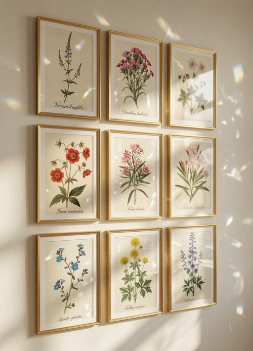Botanical Watercolor Printable Wall Art Kit Set of 9 | Neutral Floral Herbarium Bundle