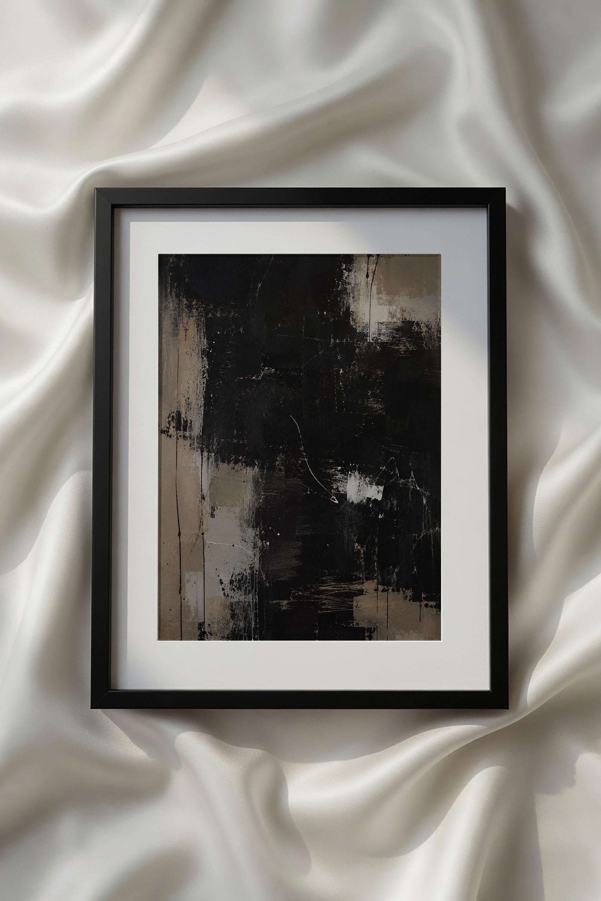 Abstract Beige Black White Neutral Printable Wall Art showcasing expressive charcoal and black painterly textures layered over soft beige and taupe backgrounds. This bold contemporary abstract print creates dramatic contrast while maintaining a warm neutral aesthetic for modern homes, Scandinavian interiors, and luxury gallery walls.
