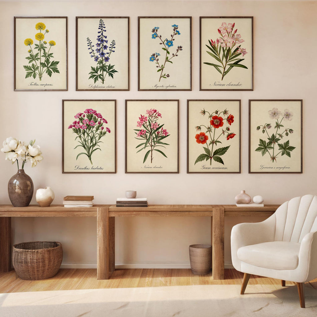 Botanical Watercolor Printable Wall Art Kit Set of 9 | Neutral Floral Herbarium Bundle