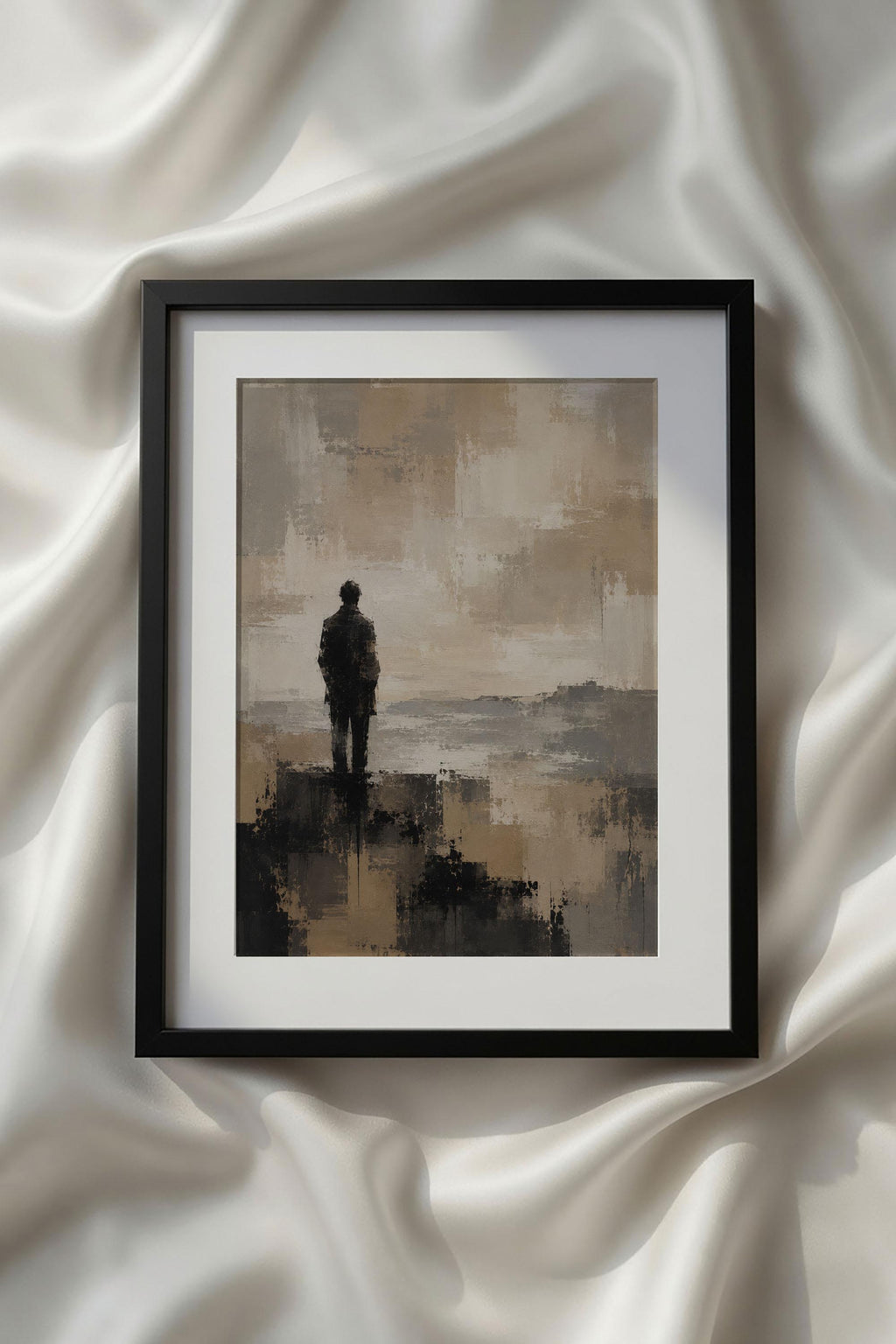 Abstract Beige Black White Neutral Printable Wall Art featuring a solitary human silhouette standing in a peaceful abstract landscape with soft beige skies and textured neutral brushwork. This contemplative minimalist artwork evokes calm and reflection, making it ideal for modern living room decor, bedroom wall art, meditation spaces, and contemporary gallery wall collections.