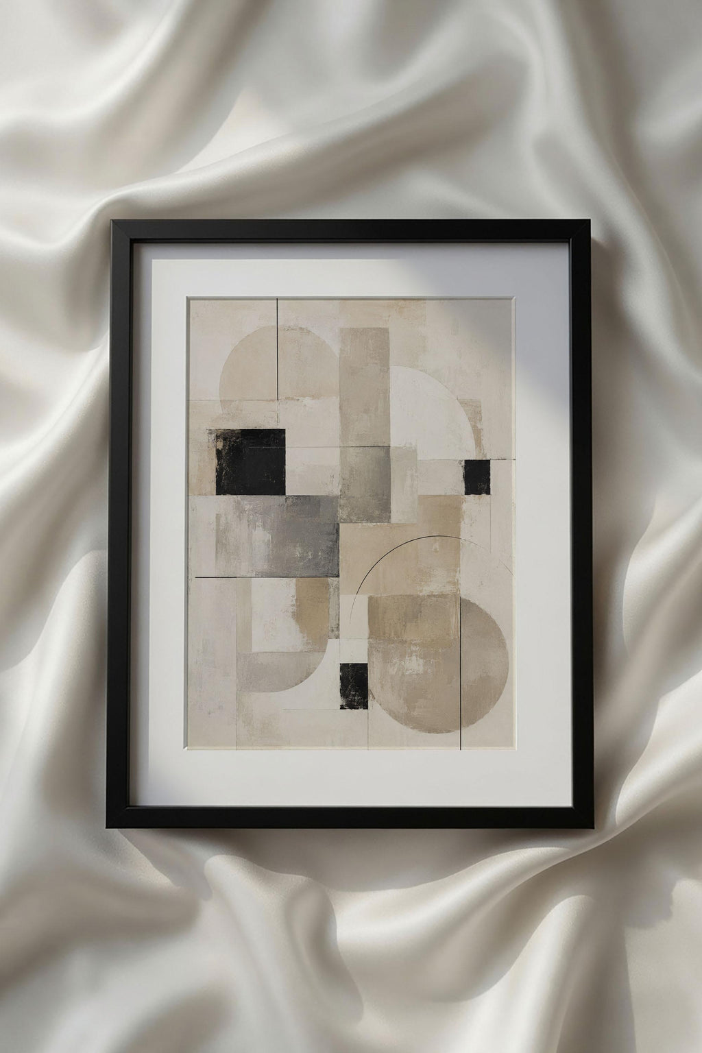 Abstract Beige Black White Neutral Printable Wall Art featuring layered geometric shapes, arches, rectangles, and circles in soft beige, ivory, taupe, and black. This contemporary minimalist geometric print brings clean architectural balance to Scandinavian interiors, Japandi home decor, modern living rooms, offices, and neutral gallery wall collections.