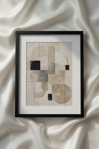 Abstract Beige Black White Neutral Printable Wall Art featuring layered geometric shapes, arches, rectangles, and circles in soft beige, ivory, taupe, and black. This contemporary minimalist geometric print brings clean architectural balance to Scandinavian interiors, Japandi home decor, modern living rooms, offices, and neutral gallery wall collections.