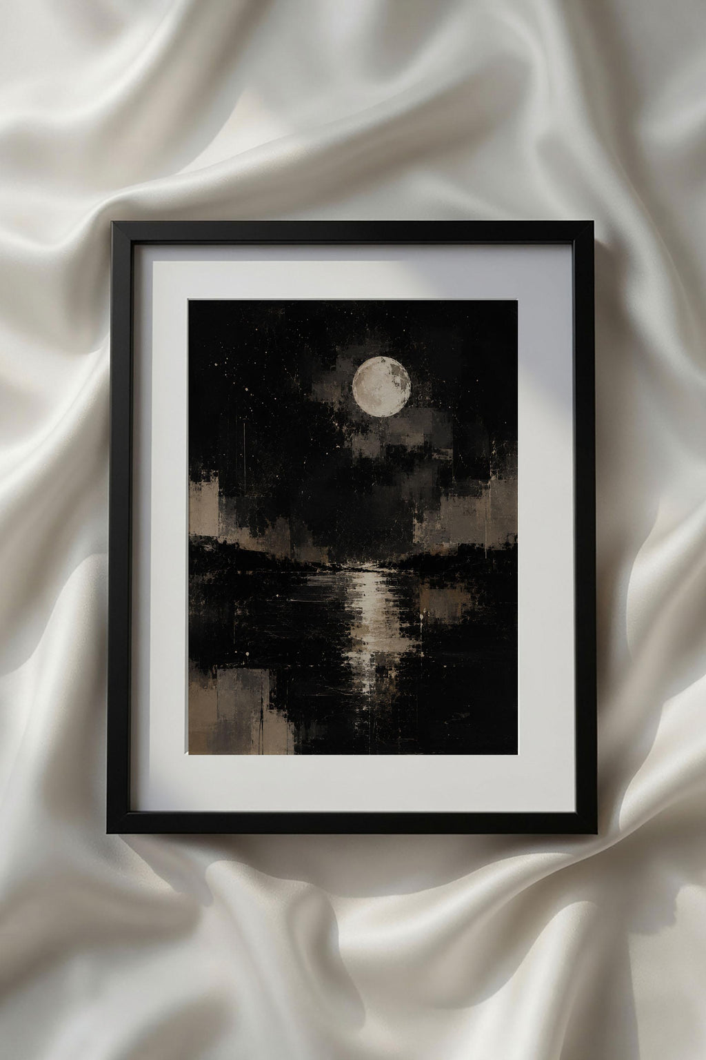 Abstract Beige Black White Neutral Printable Wall Art featuring a tranquil moonlit lake with a glowing full moon reflected across dark water, surrounded by expressive neutral brushstrokes in black, beige, and ivory. This atmospheric contemporary landscape print brings elegance and serenity to modern living rooms, bedrooms, Scandinavian interiors, and neutral wall art collections.
