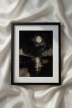 Abstract Beige Black White Neutral Printable Wall Art featuring a tranquil moonlit lake with a glowing full moon reflected across dark water, surrounded by expressive neutral brushstrokes in black, beige, and ivory. This atmospheric contemporary landscape print brings elegance and serenity to modern living rooms, bedrooms, Scandinavian interiors, and neutral wall art collections.