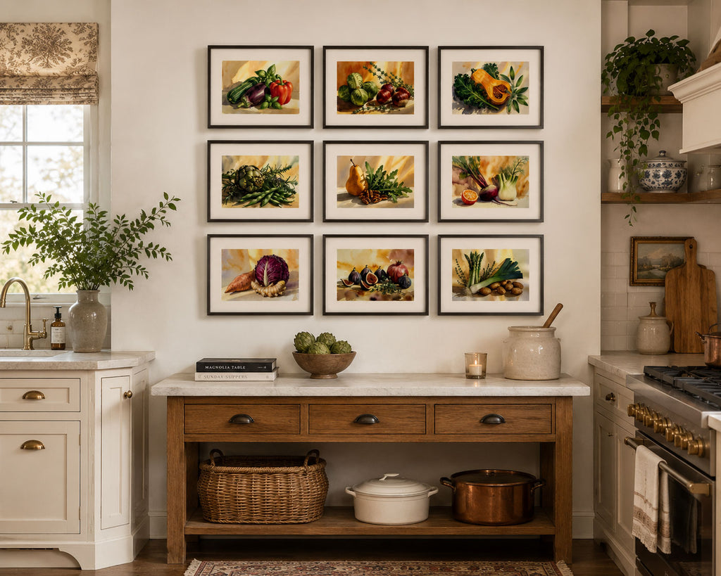 Kitchen Printable Watercolor Food Wall Art Kit Set of 9 | Kitchen Wall Decor Bundle