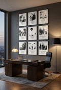 Modern office interior with a desk, chair, and wall art.
