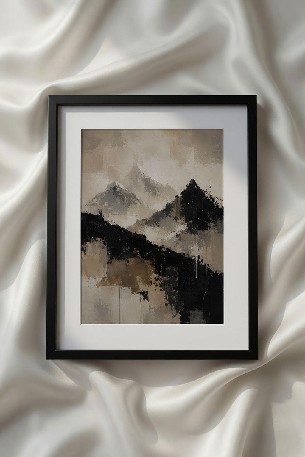 Abstract Beige Black White Neutral Printable Wall Art featuring an expressive mountain landscape with dramatic black peaks emerging through soft beige mist and textured brushstrokes. This modern neutral landscape print creates a peaceful focal point for minimalist living rooms, bedrooms, Scandinavian interiors, Japandi decor, and printable gallery wall displays.