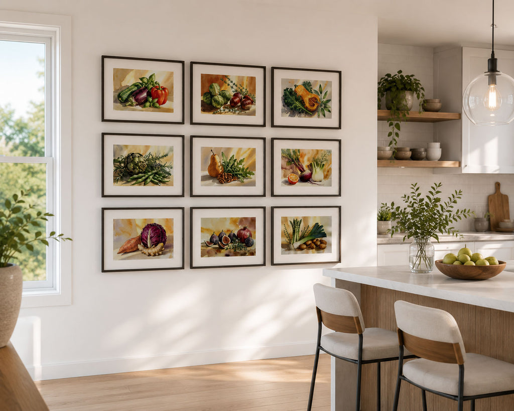Kitchen Printable Watercolor Food Wall Art Kit Set of 9 | Kitchen Wall Decor Bundle