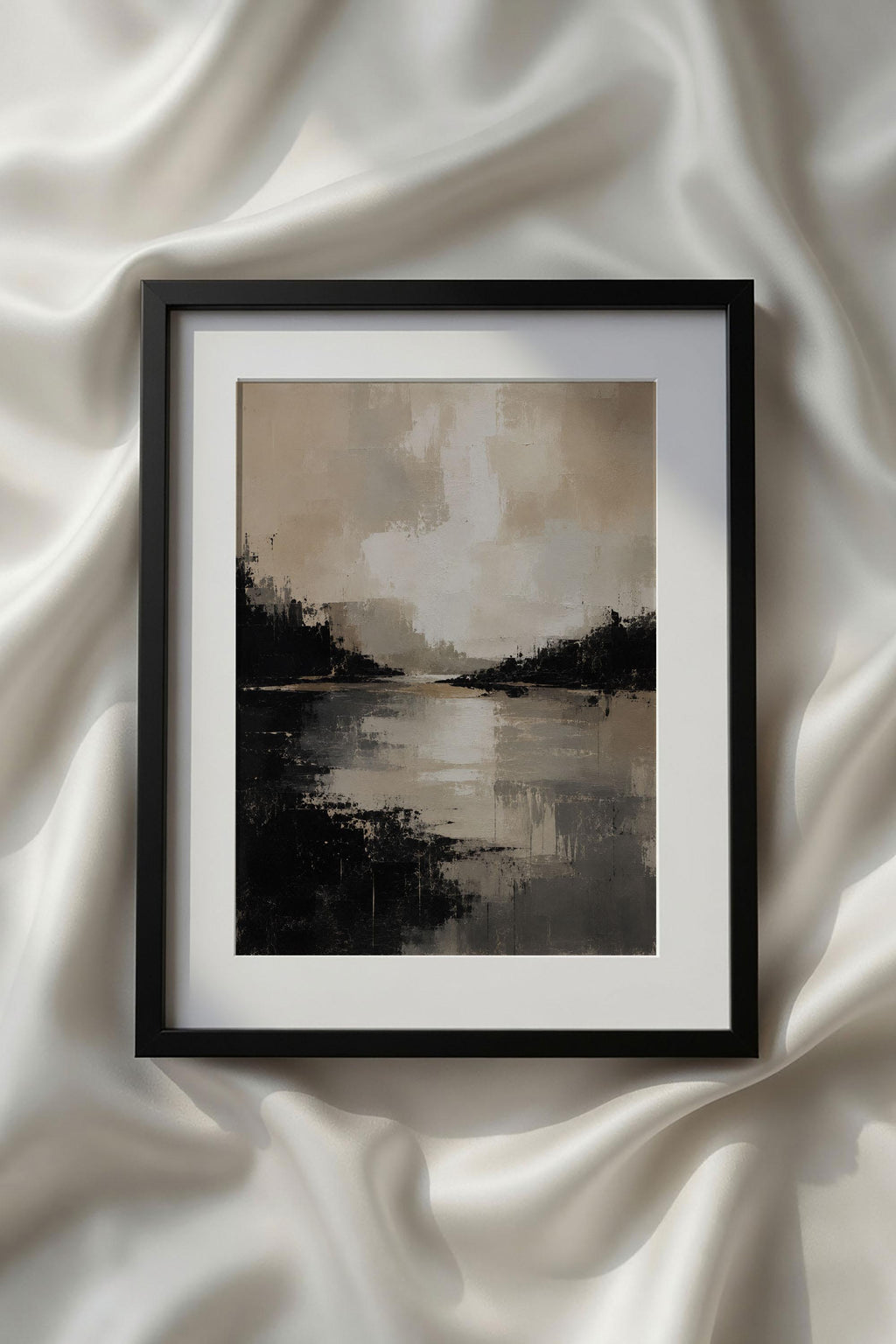 Abstract Beige Black White Neutral Printable Wall Art showcasing a serene lake landscape with calm reflective water, distant shoreline, and layered neutral clouds in beige, ivory, charcoal, and black. This contemporary printable landscape artwork is perfect for modern home decor, neutral living rooms, cozy bedrooms, and Scandinavian gallery walls.