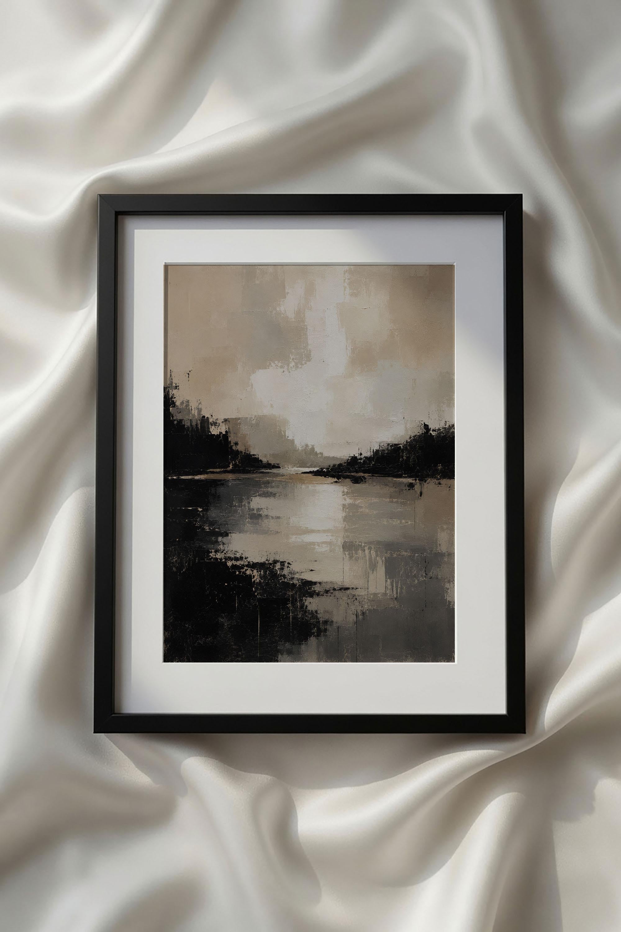 Abstract Beige Black White Neutral Printable Wall Art showcasing a serene lake landscape with calm reflective water, distant shoreline, and layered neutral clouds in beige, ivory, charcoal, and black. This contemporary printable landscape artwork is perfect for modern home decor, neutral living rooms, cozy bedrooms, and Scandinavian gallery walls.