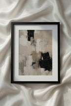 Abstract Beige Black White Neutral Printable Wall Art displaying layered abstract brushstrokes with textured ivory, beige, charcoal, and black paint creating depth and artistic movement. This minimalist contemporary printable artwork complements Scandinavian interiors, Japandi decor, apartment styling, and elegant neutral gallery walls