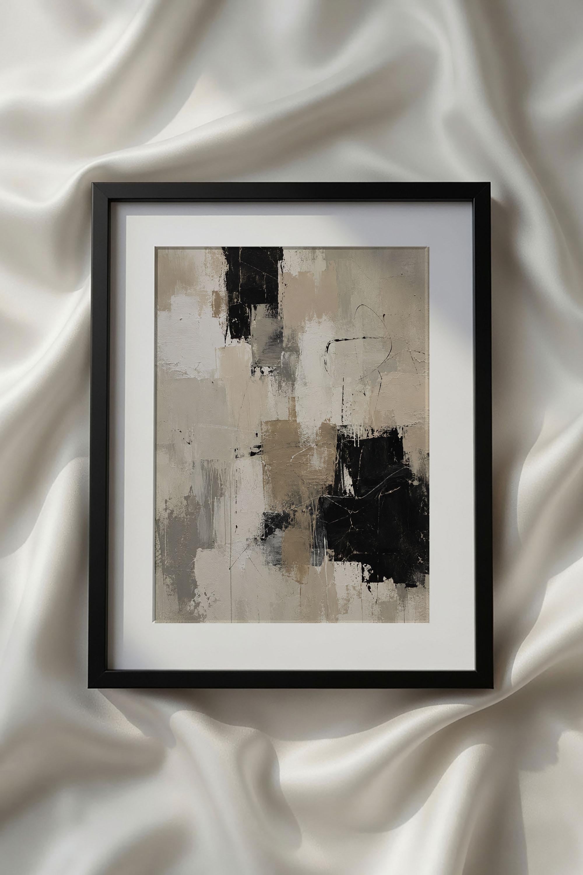 Abstract Beige Black White Neutral Printable Wall Art displaying layered abstract brushstrokes with textured ivory, beige, charcoal, and black paint creating depth and artistic movement. This minimalist contemporary printable artwork complements Scandinavian interiors, Japandi decor, apartment styling, and elegant neutral gallery walls