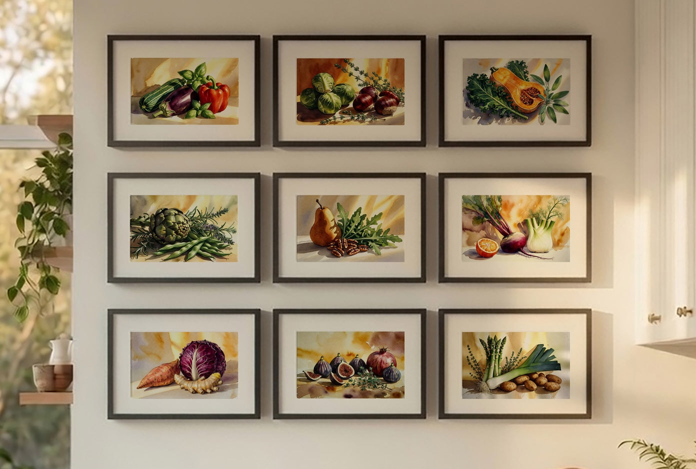 Kitchen Printable Watercolor Food Wall Art Kit Set of 9 | Kitchen Wall Decor Bundle