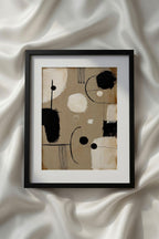 Abstract Beige Black White Neutral Printable Wall Art featuring layered geometric shapes, arches, rectangles, and circles in soft beige, ivory, taupe, and black. This contemporary minimalist geometric print brings clean architectural balance to Scandinavian interiors, Japandi home decor, modern living rooms, offices, and neutral gallery wall collections.