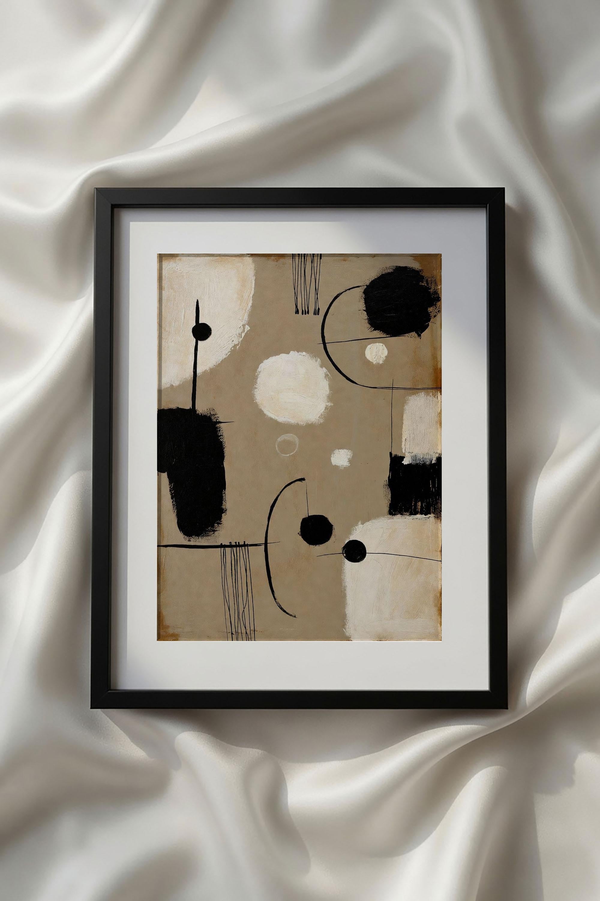 Abstract Beige Black White Neutral Printable Wall Art featuring layered geometric shapes, arches, rectangles, and circles in soft beige, ivory, taupe, and black. This contemporary minimalist geometric print brings clean architectural balance to Scandinavian interiors, Japandi home decor, modern living rooms, offices, and neutral gallery wall collections.