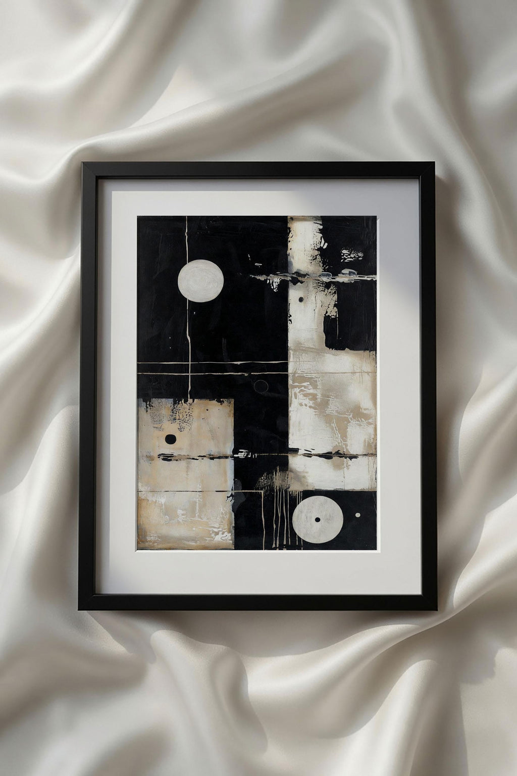 Abstract Beige Black White Neutral Printable Wall Art featuring minimalist abstract geometry with floating circles, bold black accents, fine line details, and balanced neutral tones of beige, cream, and ivory. This sophisticated printable artwork is ideal for Japandi interiors, modern apartments, office decor, and contemporary gallery wall arrangements.