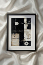 Abstract Beige Black White Neutral Printable Wall Art featuring minimalist abstract geometry with floating circles, bold black accents, fine line details, and balanced neutral tones of beige, cream, and ivory. This sophisticated printable artwork is ideal for Japandi interiors, modern apartments, office decor, and contemporary gallery wall arrangements.