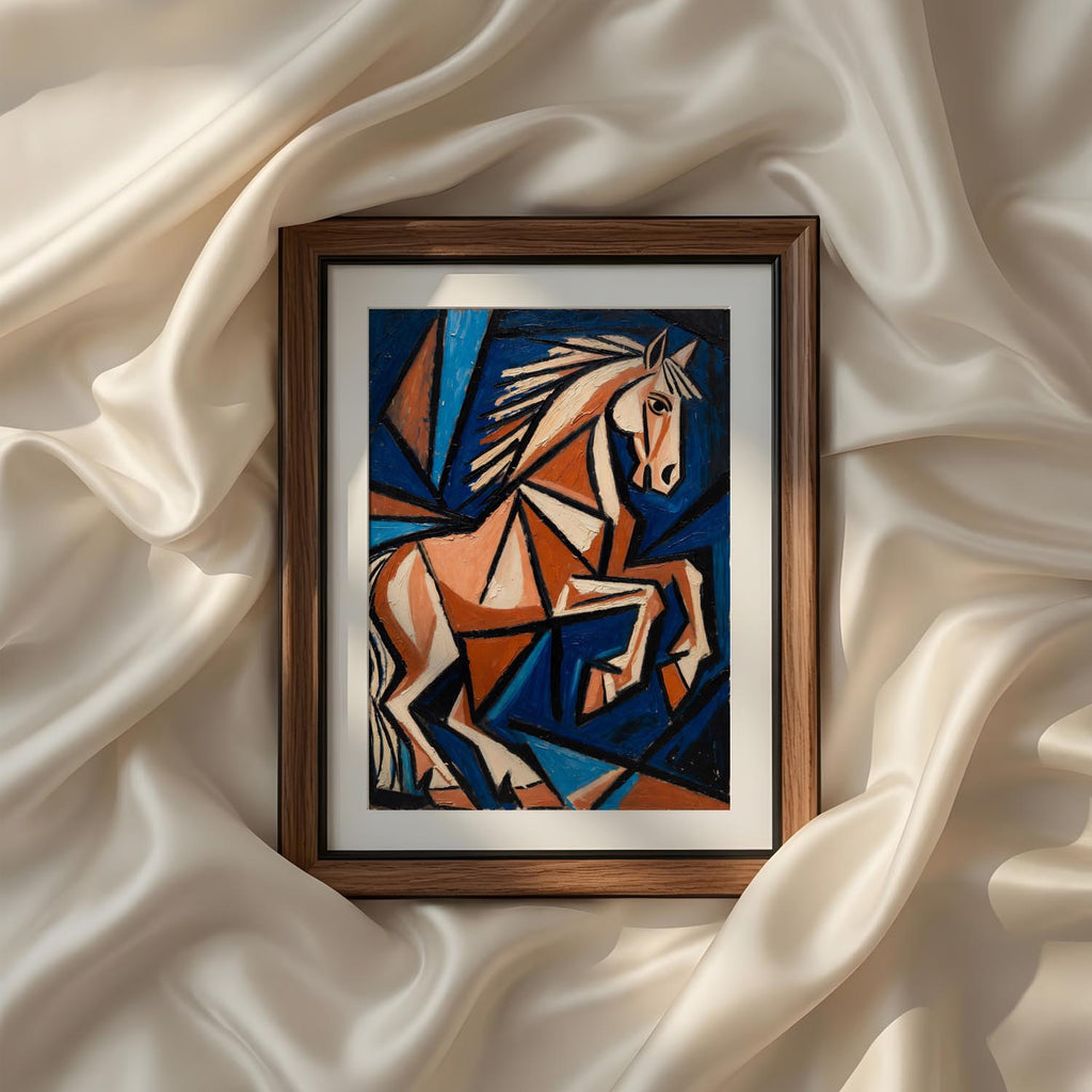 Terracotta Earthy Warm Abstract Neutral Picasso Inspired Printable Wall Art Set of 9 featuring a geometric white horse in earthy terracotta, navy blue, cream, and warm ochre tones. Modern cubist animal artwork for living room, office, ranch home, and contemporary gallery wall decor. Instant digital download printable wall art.